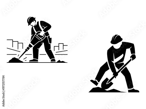Two black silhouettes depict construction workers operating a jackhammer and shovel
