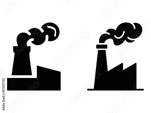 Simple black and white illustration depicts two industrial factory smokestacks emitting smoke