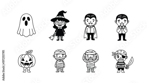 Cute Halloween Cartoon Characters Set. Black & White Line Art Illustrations of Ghost, Witch, Vampire, Mummy, Pumpkin & Pirate.