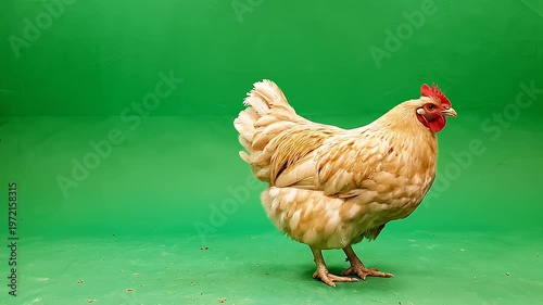 A beautiful, vibrant, golden-brown chicken with a bright red comb stands confidently on a solid green background, showcasing its stunning plumage and detailed feathers in a realistic, natura