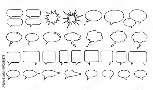 Outline comic speech bubbles thought balloons and chat boxes vector set empty dialogue frames for webtoon manga