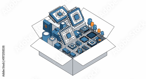 Isometric Illustration of Open Box Filled with Electronic Components, Microchips, and Semiconductors for Hardware Engineering and Tech Logistics