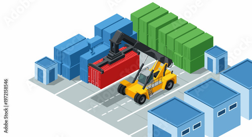 3D Isometric View of Container Port with Reach Stacker Vehicle Lifting Freight Container for Logistics, Export, and Supply Chain Concept