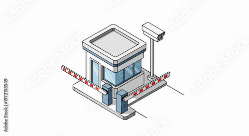 Isometric Security Guard Booth with Boom Gate and CCTV Camera for Entrance Control