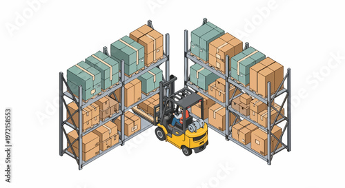 Isometric Warehouse Logistics Illustration with Forklift Truck Operator Navigating Storage Racks and Cargo Boxes on White Background