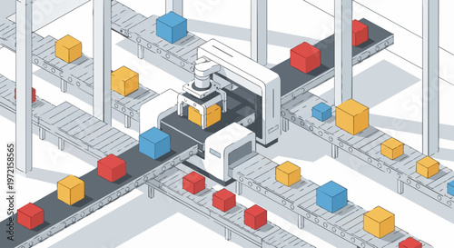 Isometric Robotic Arm Sorting Packages on Conveyor Belts in Automated Factory Warehouse, Smart Logistics and Industrial Automation Illustration