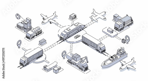 Global Logistics and Supply Chain Management Isometric Illustration of Interconnected Transportation Network with Trucks, Ships, Planes, and Cargo Infrastructure