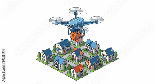 Autonomous Delivery Drone Carrying a Package Over a Suburban Neighborhood. Isometric Vector Illustration of Future Logistics and E-commerce Concept.