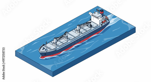 Isometric Bulk Carrier Cargo Ship on Blue Sea Block, Global Shipping and Logistics Vector Illustration for International Trade