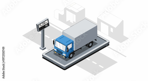 Isometric Illustration of a Blue Cargo Truck on a Weighbridge Station with Digital Weight Display for Logistics, Transportation, and Heavy-duty Mass Measurement Concept