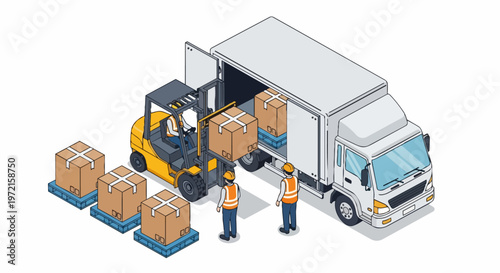 Isometric Logistics Warehouse Illustration with Delivery Truck, Forklift, and Workers Loading Freight