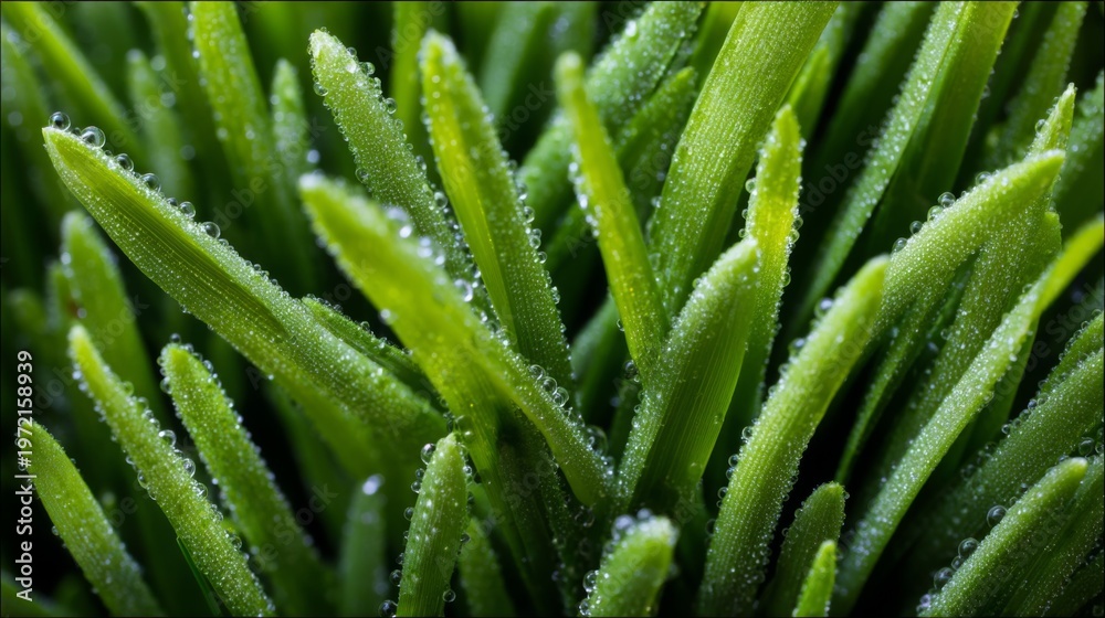 Fototapeta premium Fresh Green Grass with Dew Drops in Nature Close-Up Photography