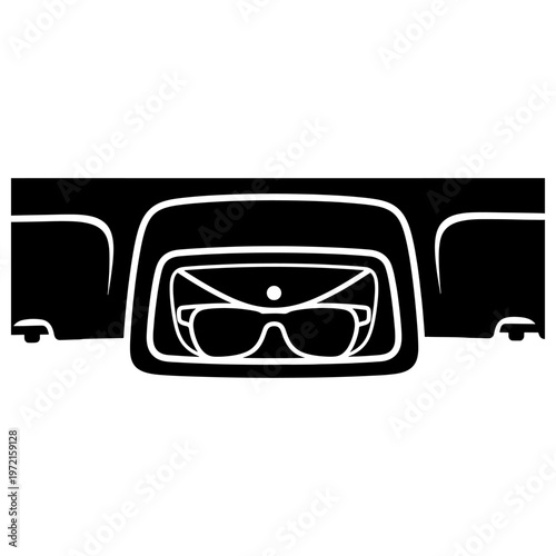 A minimalist depiction of a vehicle s dashboard and windshield featuring sunglasses a silhouette