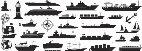 Maritime silhouette icon set, ships boats anchors lighthouses compasses globe nautical symbols, cruise cargo military sail pirate vessel illustration design
