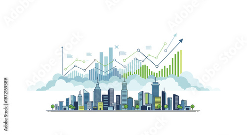 A sprawling metropolitan skyline rests beneath a series of ascending financial growth charts and line graphs integrated into a soft cloudy blue atmosphere.
