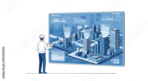 A dedicated urban planner wearing a white safety helmet examines a large glowing screen showing a detailed three-dimensional city model with various data overlays.