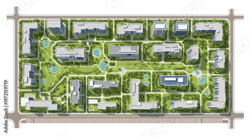 A pristine top-down aerial view showcases a modern urban residential complex featuring grey rectangular buildings nestled among lush green trees and blue ponds.