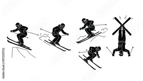 Skiing action sequence with jump, turn, and fall. Winter sport dynamics and wipeout illustration.