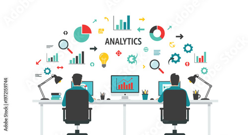Two professional data analysts work at a long white desk with multiple monitors beneath a large analytics header surrounded by floating digital icons.