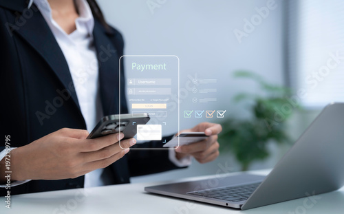 Digital payment via smartphone with secure online banking login and credit card transaction highlighting fintech security verification digital finance workflow in modern business environment