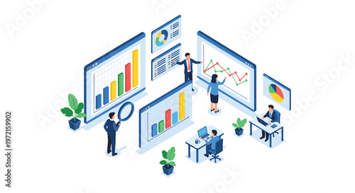 A collaborative team of business professionals analyzes complex data visualizations on large isometric screens featuring colorful bar and pie charts.