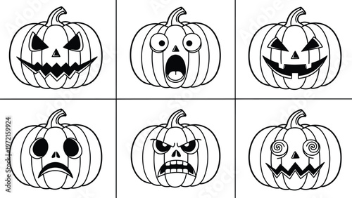 Halloween Jack-o'-Lantern Faces Outline Set. Spooky and Funny Pumpkin Carvings Line Art Collection.