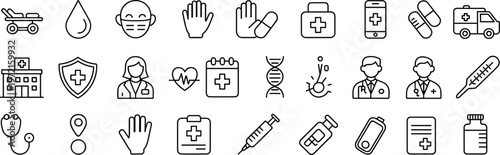 Medical healthcare icons, doctor hospital silhouette, ambulance vector, syringe pill illustration, DNA helix, stethoscope design, first aid kit, wellness