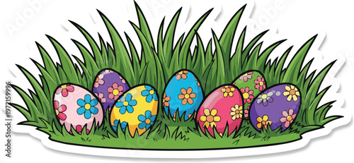 Colorful painted Easter eggs nestle in the green grass of a spring meadow under a clear sky, creating a traditional seasonal celebration symbol