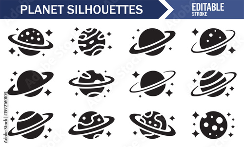 Minimal planet silhouettes with rings and craters for cosmic illustration