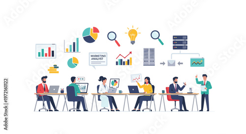 Diverse office employees work diligently at individual desks beneath a vibrant floating array of colorful marketing analytics and business data icons.
