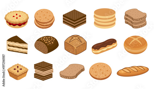 High quality vector illustration set of various bakery products including bread, cake, cookies, pastries, and desserts in flat cartoon style. Clean and modern design isolated on white background.