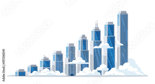 A series of modern blue glass skyscrapers rises in a diagonal formation resembling a growth chart amidst soft white clouds against a clean background.