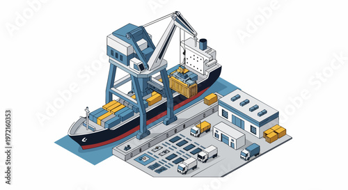 Isometric Cargo Port with Container Ship, Gantry Crane and Delivery Trucks. Professional supply chain and maritime logistics vector concept.
