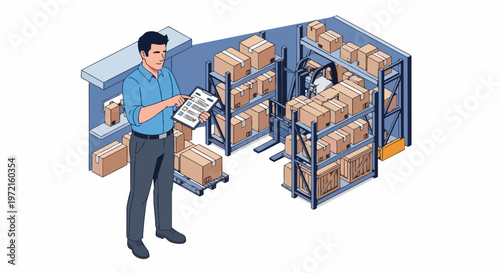 Logistics Manager Checking Inventory List in Warehouse with Shelves and Cardboard Boxes. Isometric Vector Illustration for Supply Chain and Storage Management.
