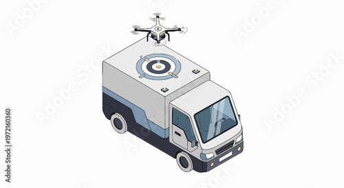 Isometric Future Drone Delivery Van Illustration with Quadcopter Launchpad Platform for Modern Logistics and Smart City Transportation Concepts
