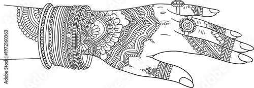 henna, mehndi, hand, tattoo, floral, design, jewelry, bangles, rings, traditional, indian, bridal, wedding, pattern, ornate, elegant, outline, vector, illustration, beauty