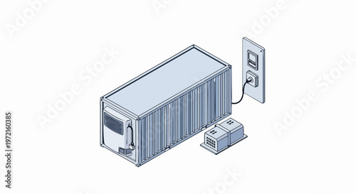 Isometric Illustration of a Refrigerated Shipping Container Connected to a Power Control Station, Mobile Cold Storage or Data Center Concept for Logistics and Infrastructure
