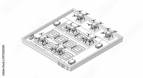 Isometric Drone Delivery Hub and Logistics Station Line Art Illustration
