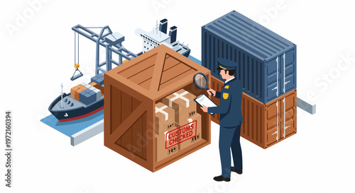 Isometric Illustration of a Customs Officer Inspecting Cargo at a Port with Shipping Containers and Freight Ship, Global Trade and Logistics Concept
