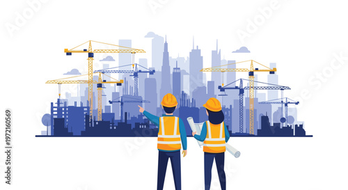 Two dedicated construction engineers wearing orange safety vests and yellow hard hats overlook a sprawling urban skyline filled with many towering industrial cranes.