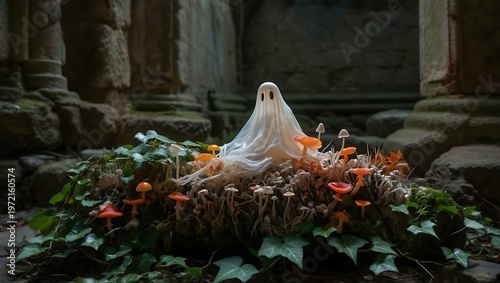 Wallpaper Mural A whimsical small ghost figurine surrounded by diverse colorful mushrooms and green ivy leaves Torontodigital.ca