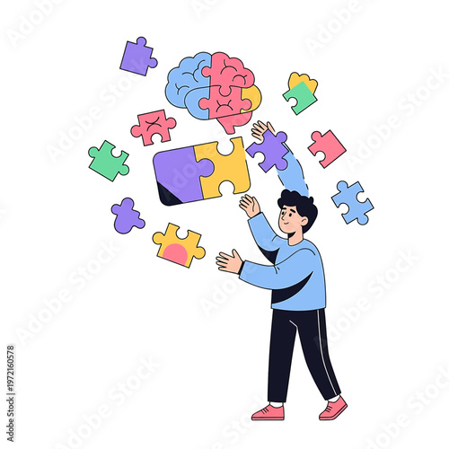 Man Solving Puzzle Brain Pieces.