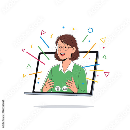 Woman on laptop screen smiling online.