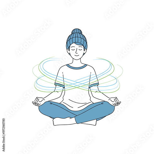 Woman meditates in lotus position calmly.