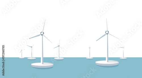 Multiple white three-bladed wind turbines stand tall on circular floating platforms across a tranquil blue sea under a bright and clear white sky.