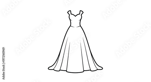 A pristine black and white line art illustration showcases a classic sleeveless ball gown wedding dress with a sweetheart neckline and a voluminous skirt.