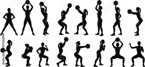 Medicine ball exercise silhouettes, fitness training poses, gym workout vector illustration, strength conditioning icons, sports health routine, balance coordination design