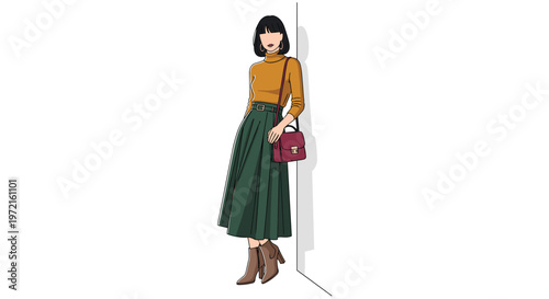 An elegant young woman with a chic black bob hairstyle poses confidently while wearing a mustard turtleneck sweater and a long dark green pleated skirt.