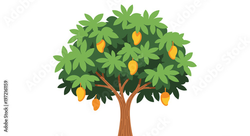 A vibrant fruit-bearing mango tree stands tall with a sturdy brown trunk and dense green foliage adorned with numerous ripe yellow mangoes on a white backdrop.