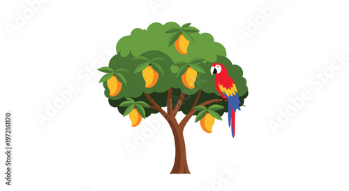A vibrant green mango tree filled with ripe yellow fruit hosts a colorful red and blue parrot perched gracefully on a sturdy brown branch in this vector art.